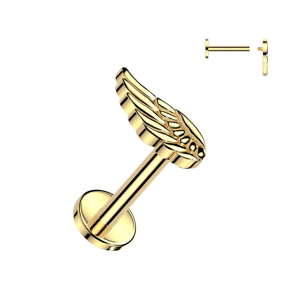 Implant Grade Titanium Internally Threaded Labret, Flat Back Stud With Angel Wing Top