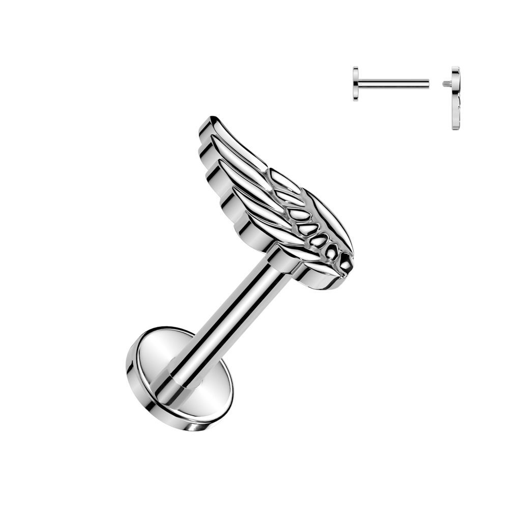 Implant Grade Titanium Internally Threaded Labret, Flat Back Stud With Angel Wing Top