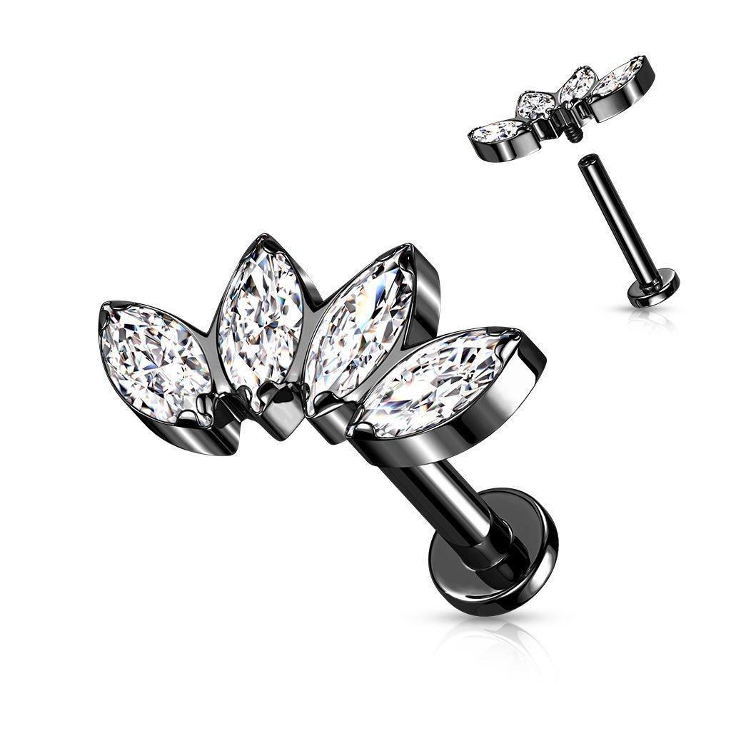 Implant Grade Titanium Internally Threaded Labret With 4 Marquise CZ Fan Top