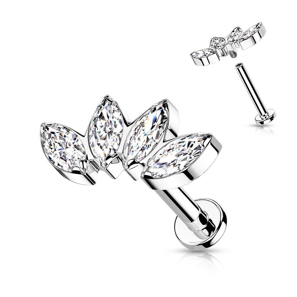 Implant Grade Titanium Internally Threaded Labret With 4 Marquise CZ Fan Top