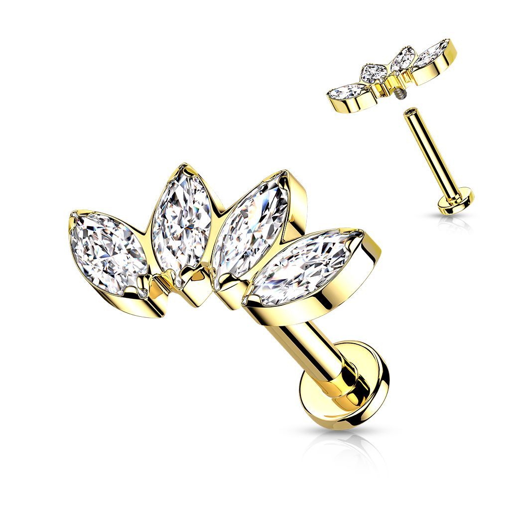 Implant Grade Titanium Internally Threaded Labret With 4 Marquise CZ Fan Top