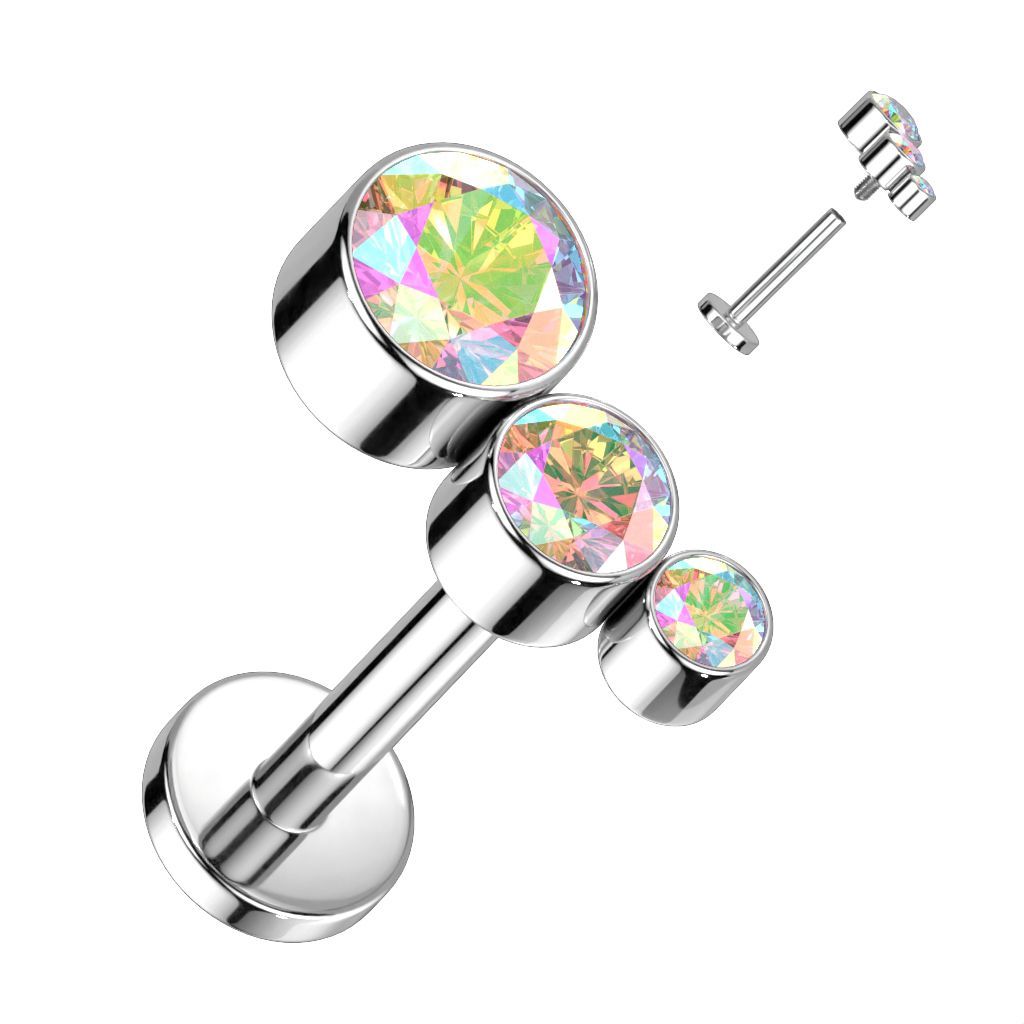Implant Grade Titanium Internally Threaded Labret With Descending Bezel Set 3 CZ Curved Top