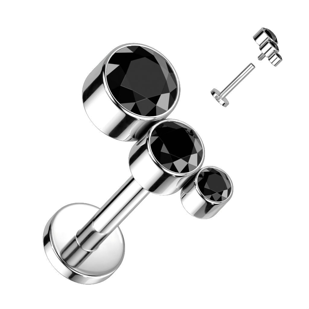 Implant Grade Titanium Internally Threaded Labret With Descending Bezel Set 3 CZ Curved Top