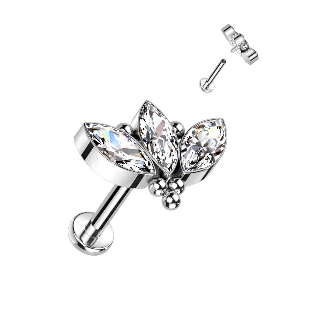 Implant Grade Titanium Internally Threaded Labret With 3 Marquise CZ and Ball Cluster Top