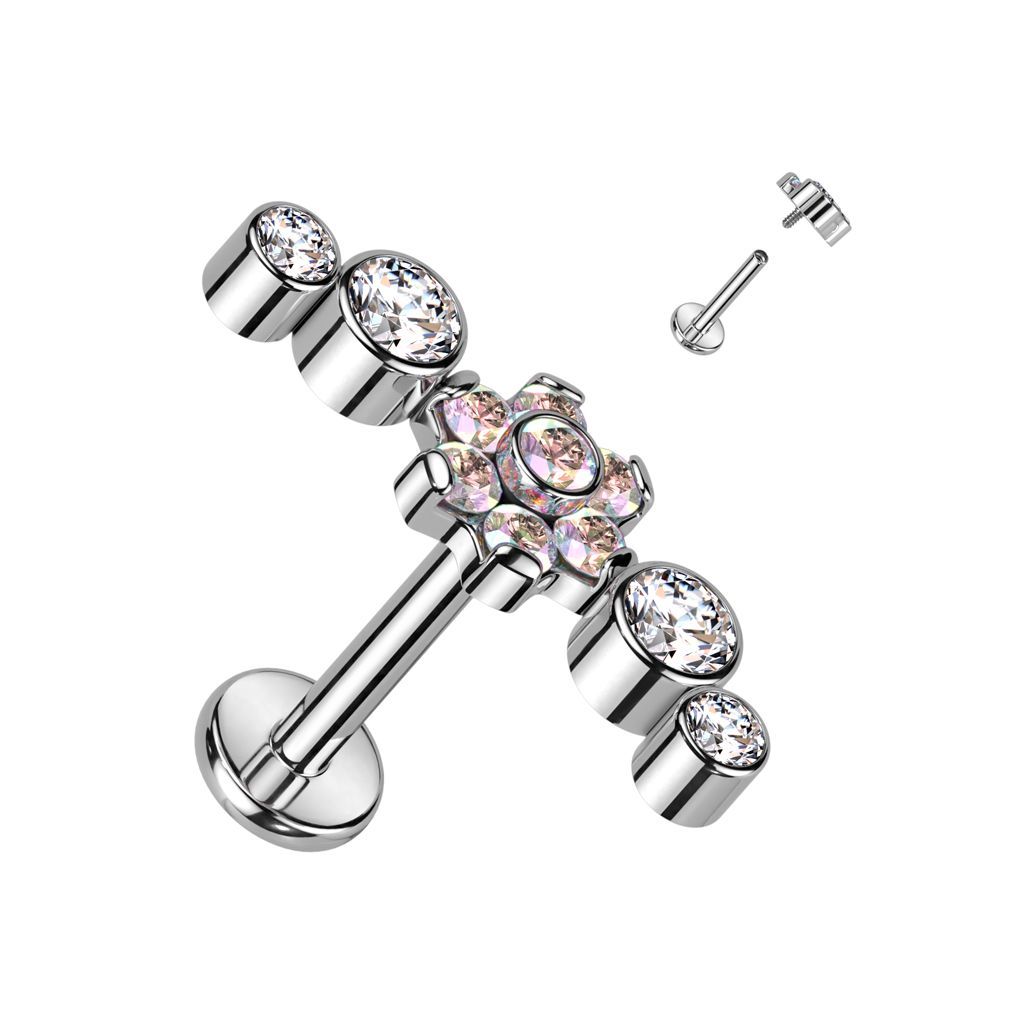 Implant Grade Titanium Internally Threaded Labret With CZ Flower Center and Double Bezel Set CZs on Each Side Top