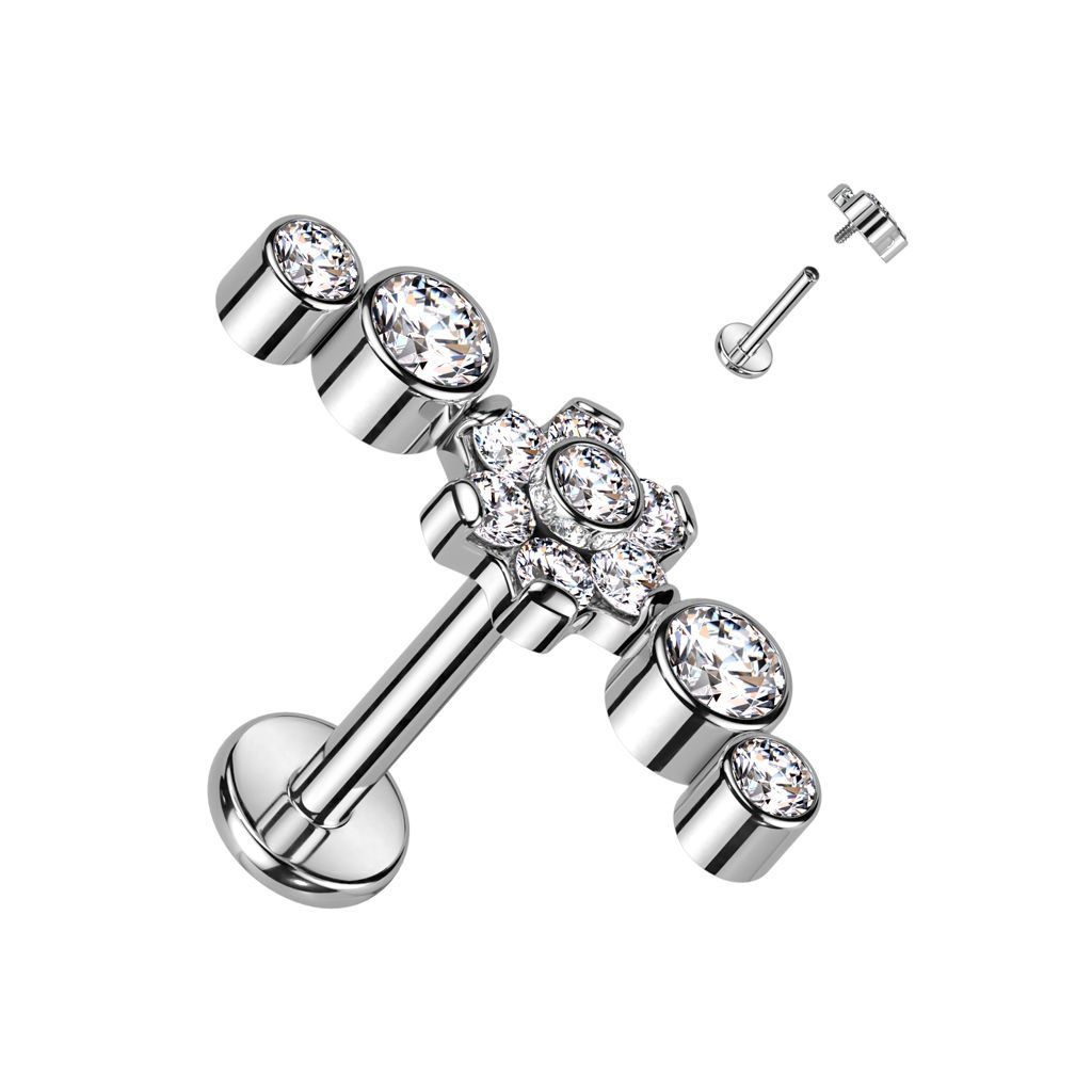 Implant Grade Titanium Internally Threaded Labret With CZ Flower Center and Double Bezel Set CZs on Each Side Top