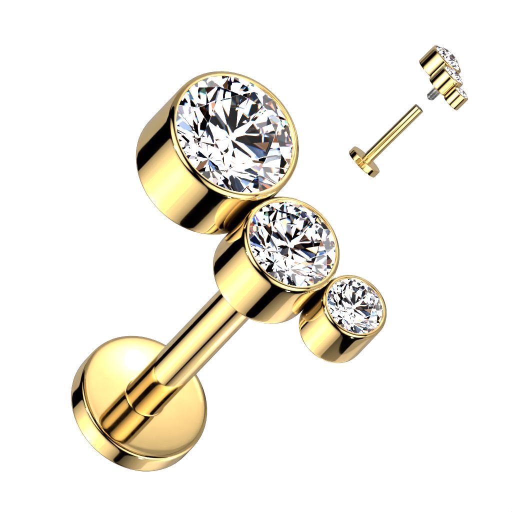 Implant Grade Titanium Internally Threaded Labret With Descending Bezel Set 3 CZ Curved Top