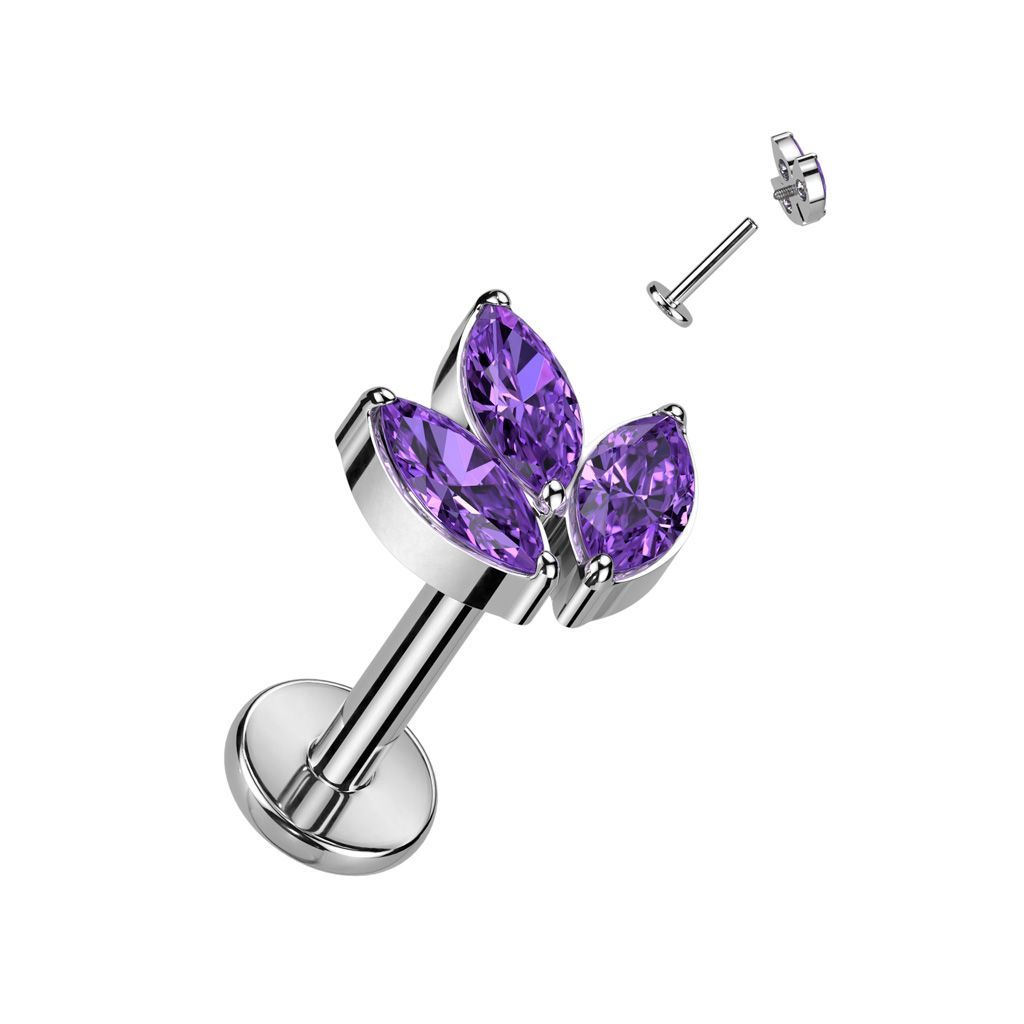 Implant Grade Titanium Internally Threaded With 3 Marquise CZ Leaf Top