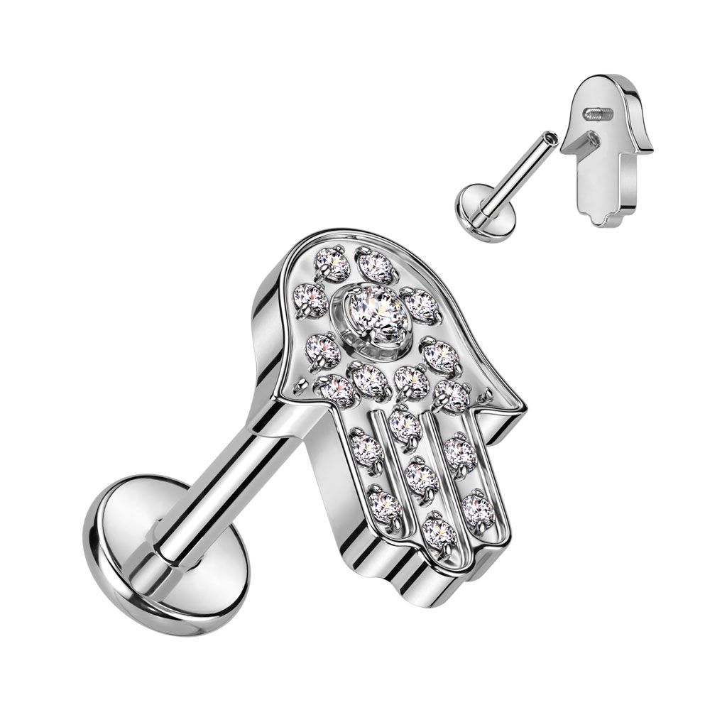 Implant Grade Titanium Internally Threaded Labret With Hamsa Pave CZ Top