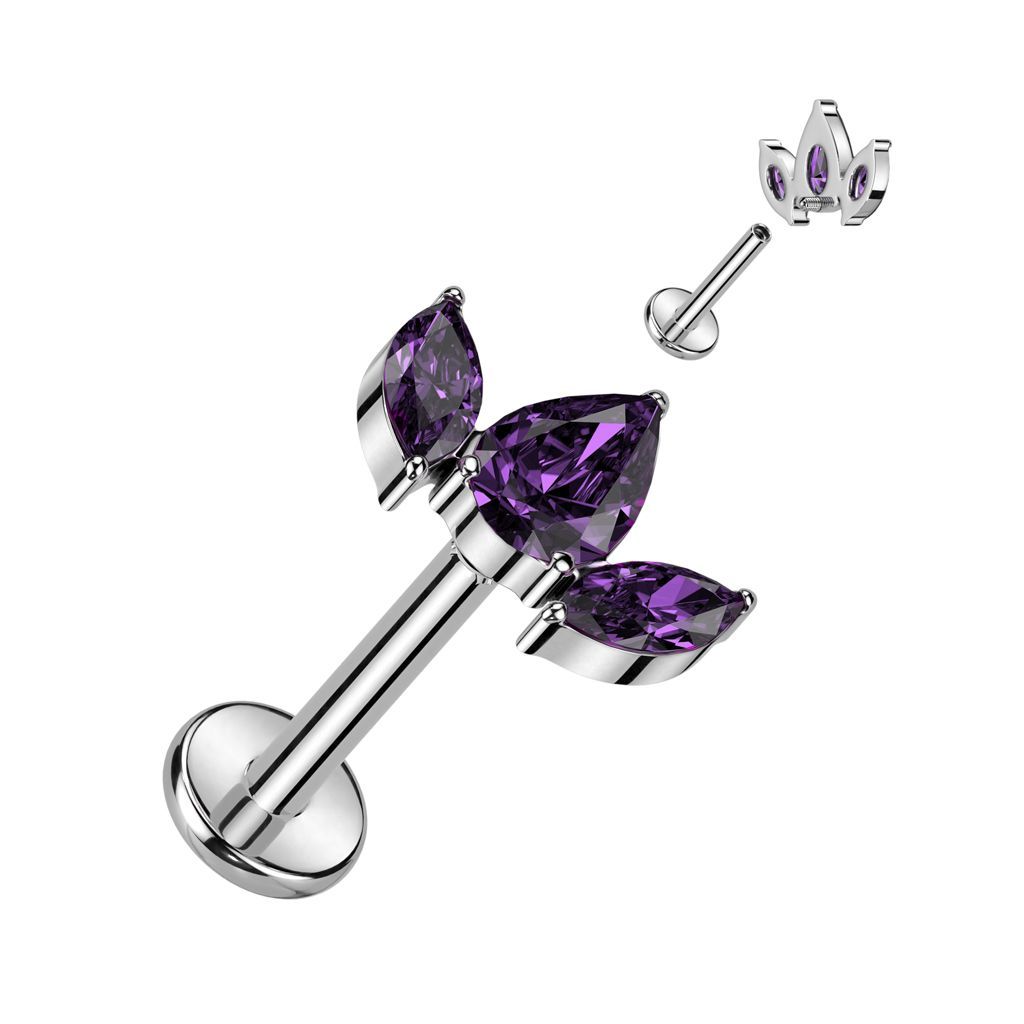 Implant Grade Titanium Internally Threaded Labret With Pear CZ Between 2 Marquise CZ Top