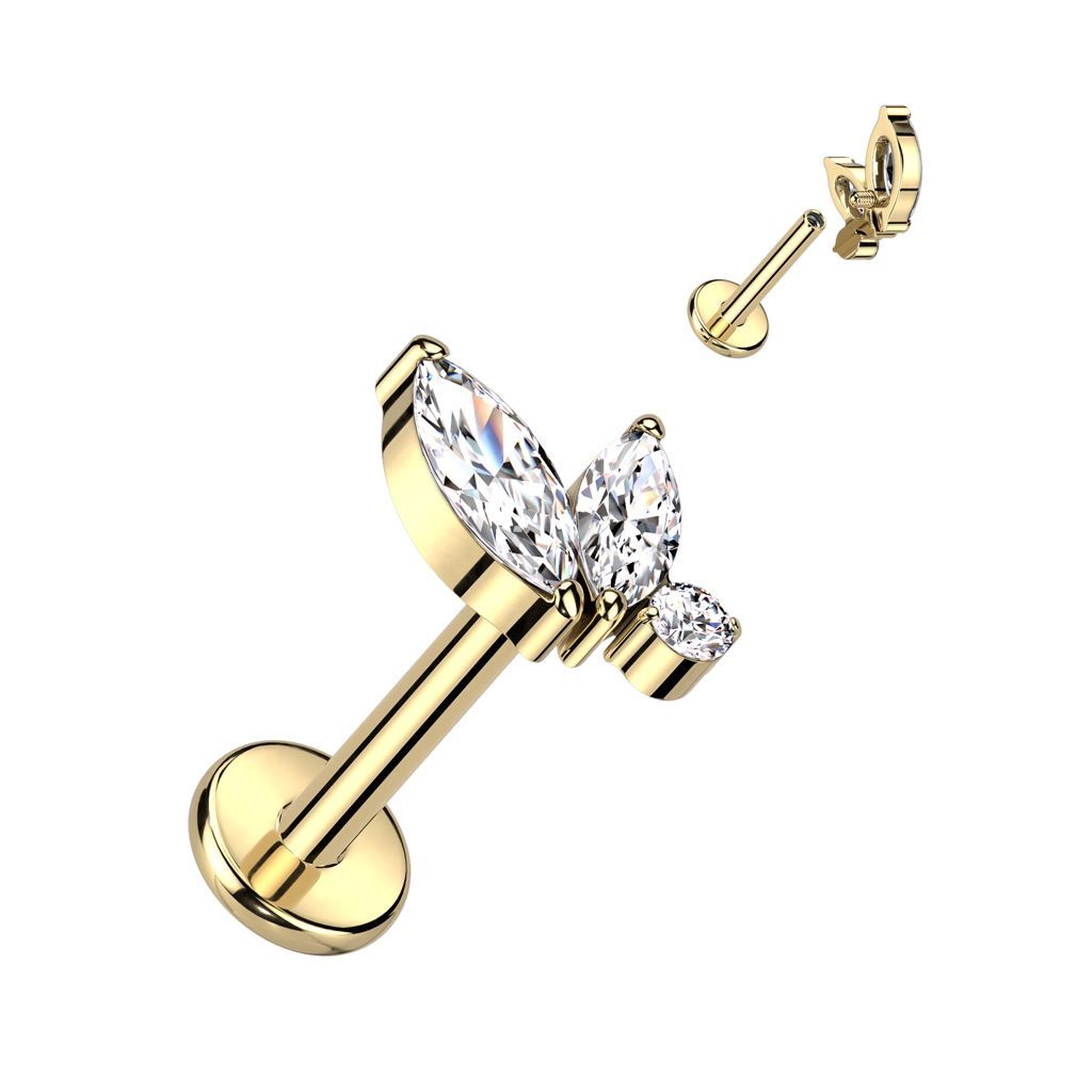Implant Grade Titanium Internally Threaded Labret With Double Marquise and Round CZ Top
