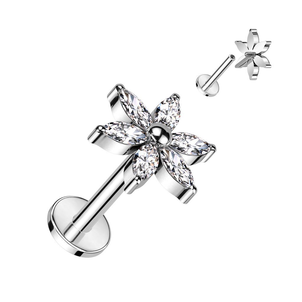 Implant Grade Titanium Internally Threaded Labret With 6 Marquise CZ Petals Flower