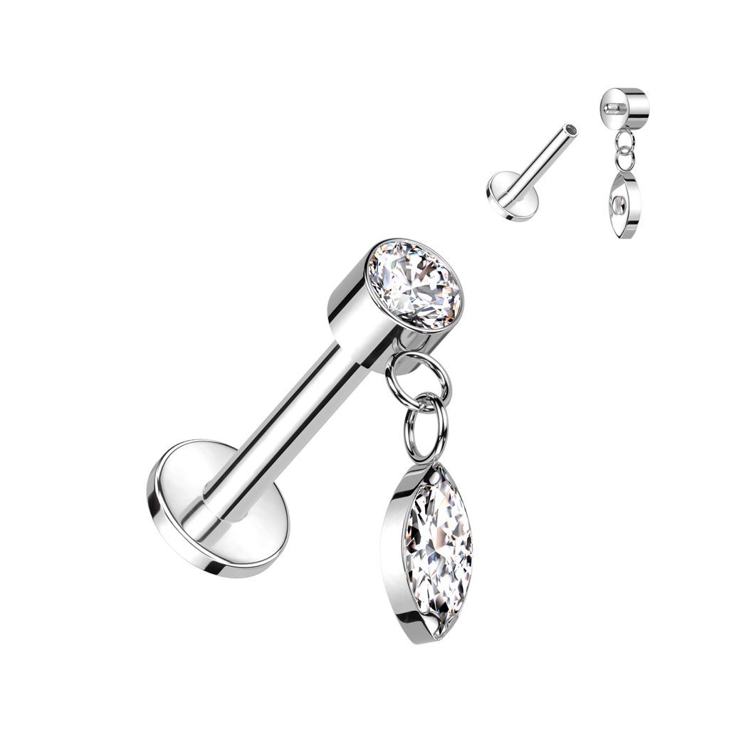 Implant Grade Titanium Internally Threaded Labret With Round Bezel Set CZ and Marquise CZ Dangle Top