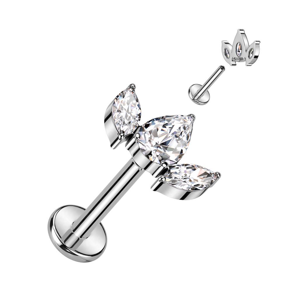 Implant Grade Titanium Internally Threaded Labret With Pear CZ Between 2 Marquise CZ Top