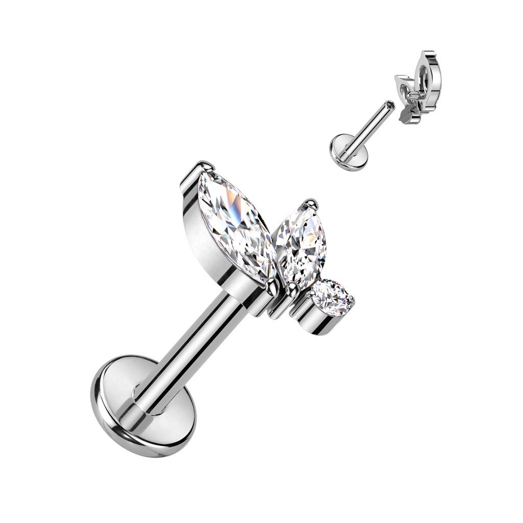 Implant Grade Titanium Internally Threaded Labret With Double Marquise and Round CZ Top