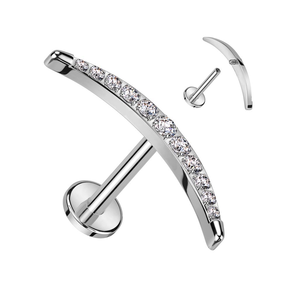 Implant Grade Titanium Internally Threaded Labret With CZ Pave Long Crescent Moon Top
