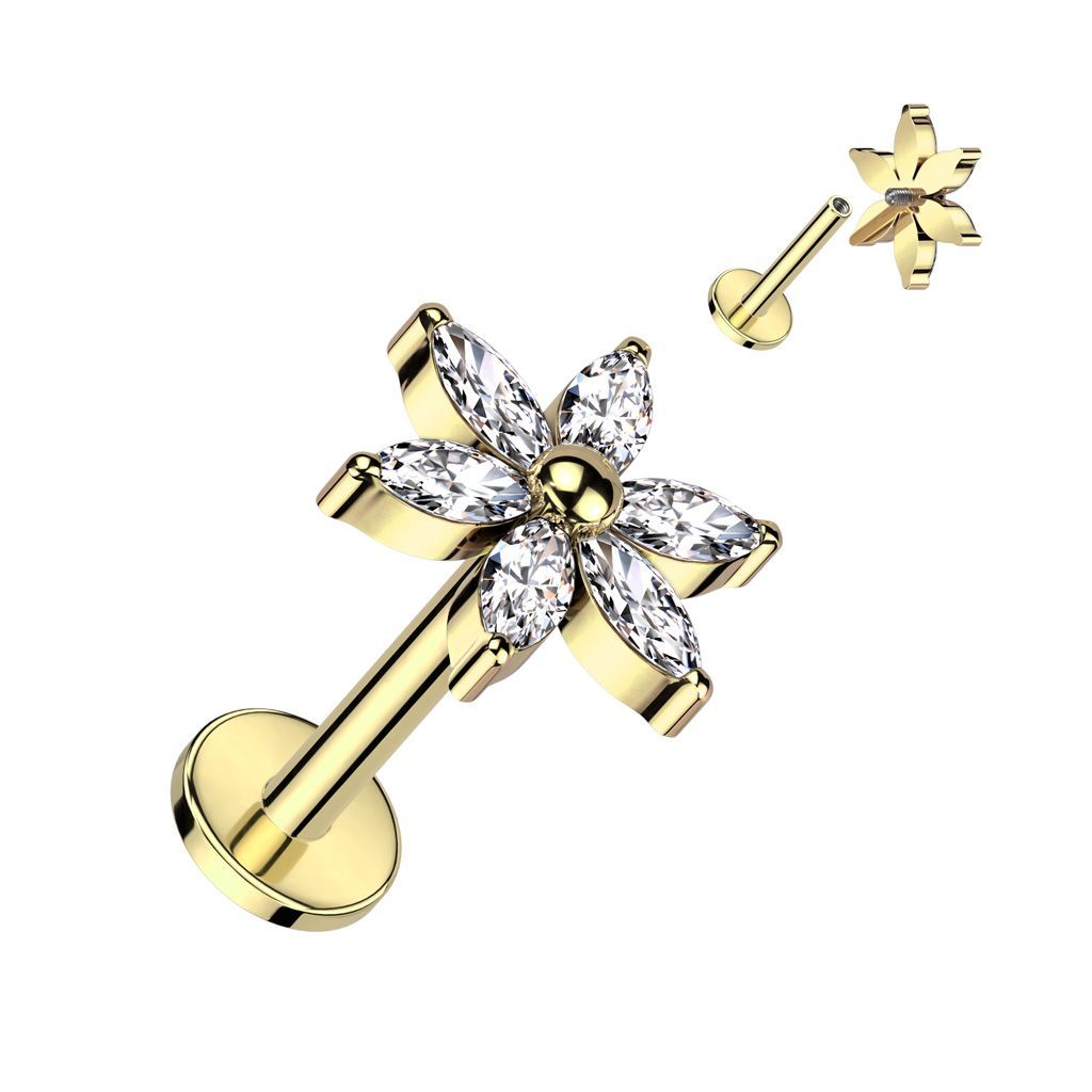 Implant Grade Titanium Internally Threaded Labret With 6 Marquise CZ Petals Flower