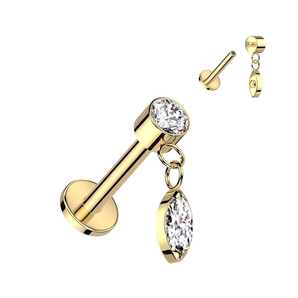 Implant Grade Titanium Internally Threaded Labret With Round Bezel Set CZ and Marquise CZ Dangle Top
