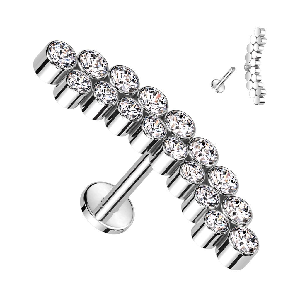 Implant Grade Titanium Internally Threaded Labret With Curved Double Bezel Set CZ Top
