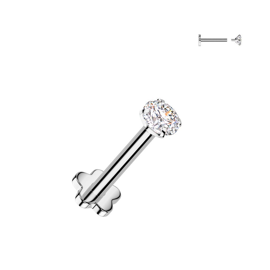 Implant Grade Titanium Internally Threaded Flower Base Flat Back Stud With Prong Set Round CZ Top