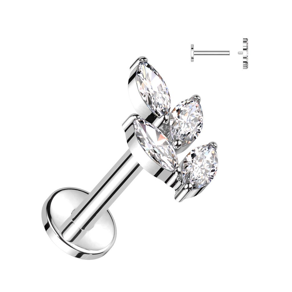 Implant Grade Titanium Internally Threaded Labret With Marquise CZ Leaf Top