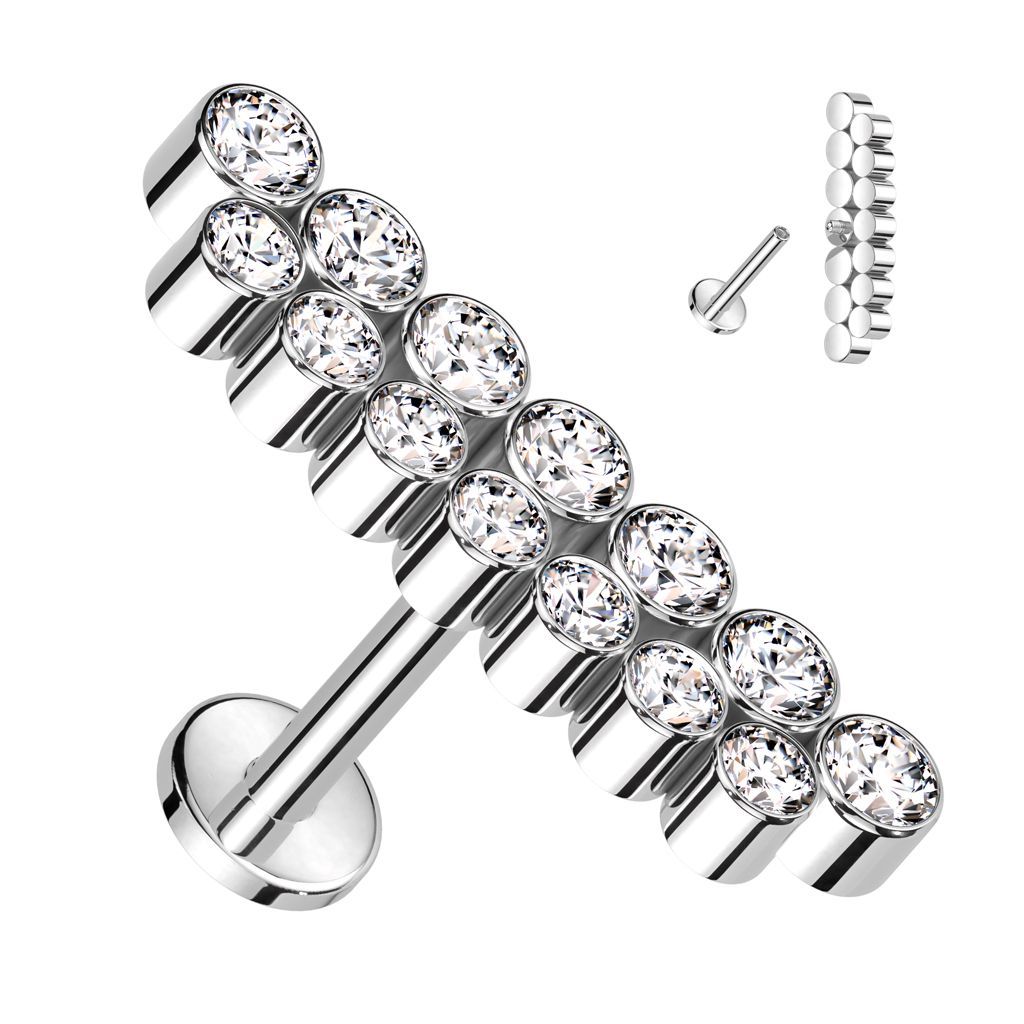 Implant Grade Titanium Internally Threaded Labret With Double Line Bezel Set CZ Top