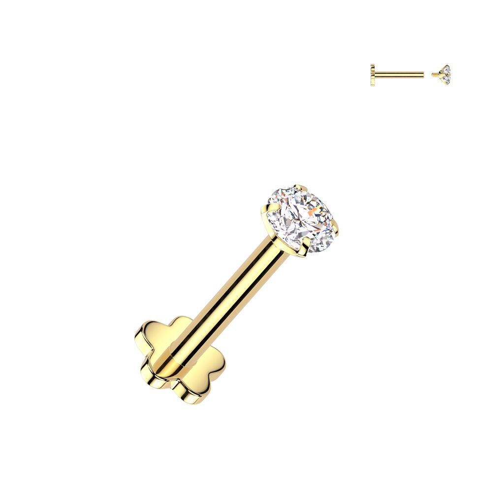 Implant Grade Titanium Internally Threaded Flower Base Flat Back Stud With Prong Set Round CZ Top