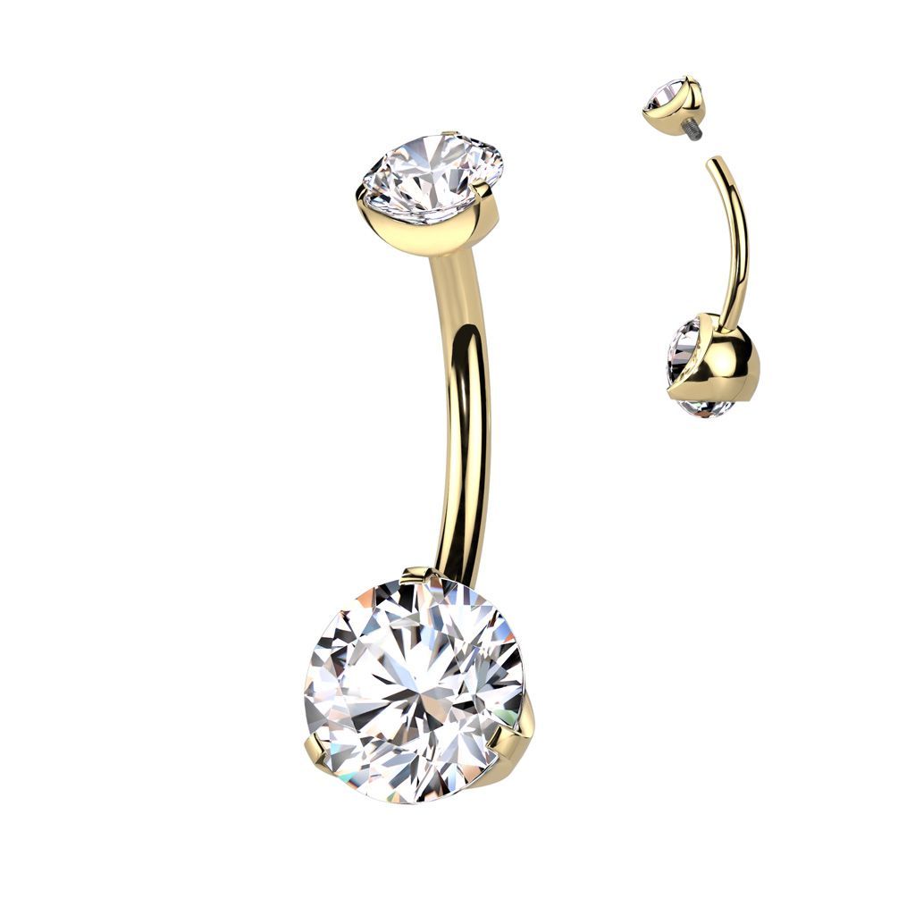Implant Grade Titanium Internally Threaded Top Double Prong Set CZ Belly Button Ring
