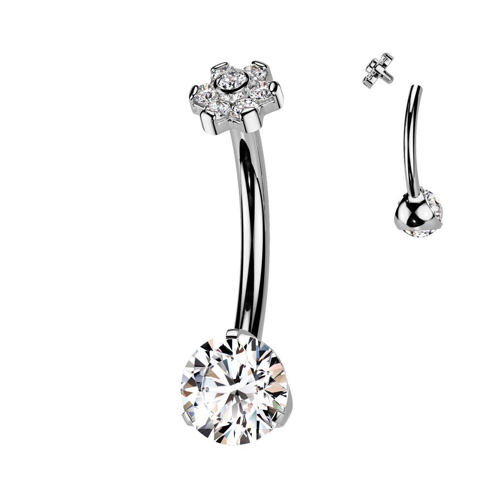 Implant Grade Titanium Internally Threaded Prong Set CZ Bottom With CZ Flower and Bezel Set Center Prong Set Petals Top Belly Button Ring