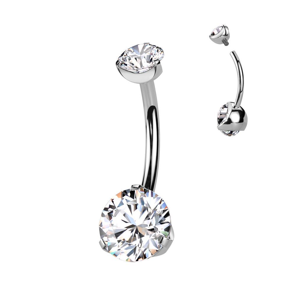 Implant Grade Titanium Internally Threaded Top Double Prong Set CZ Belly Button Ring