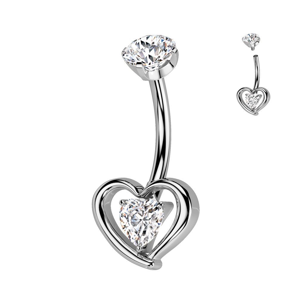 Implant Grade Titanium Internally Threaded Hollow 3D Heart With Prong Set Heart CZ Center Belly Button Ring