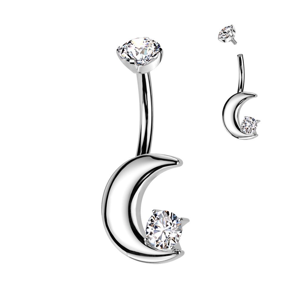 Implant Grade Titanium Internally Threaded Crescent Moon With CZ and Round CZ Prong Set Top Belly Button Ring
