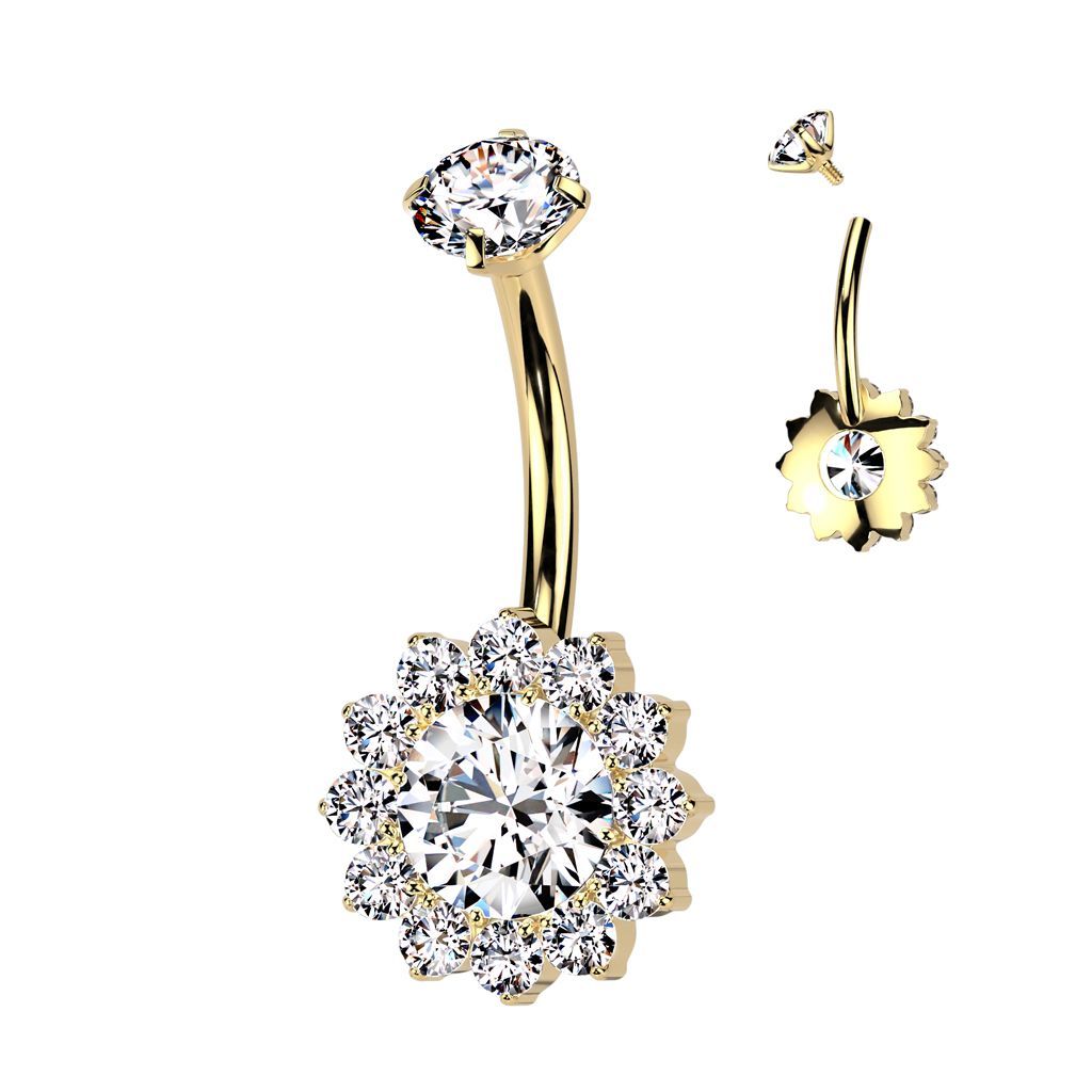 Implant Grade Titanium Internally Threaded Prong Set CZ Top With CZ Flower Belly Button Ring
