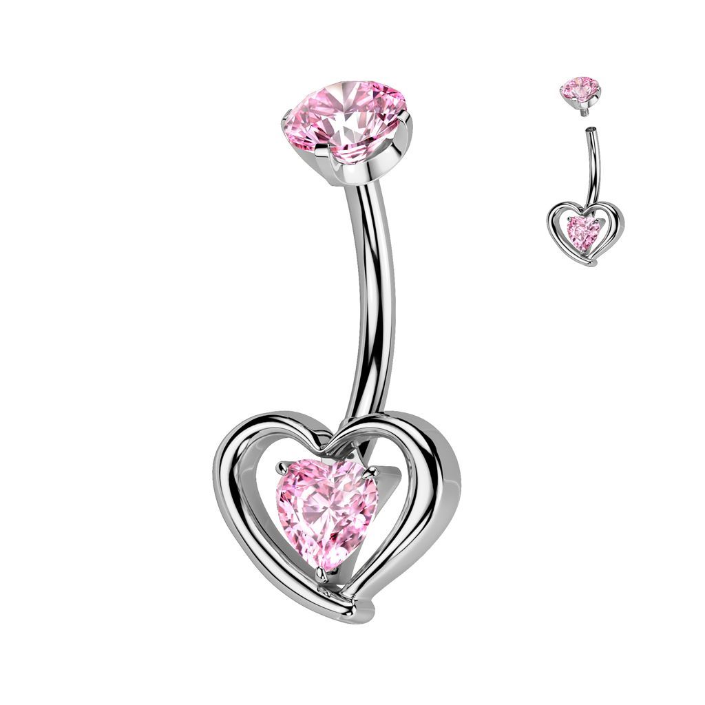 Implant Grade Titanium Internally Threaded Hollow 3D Heart With Prong Set Heart CZ Center Belly Button Ring