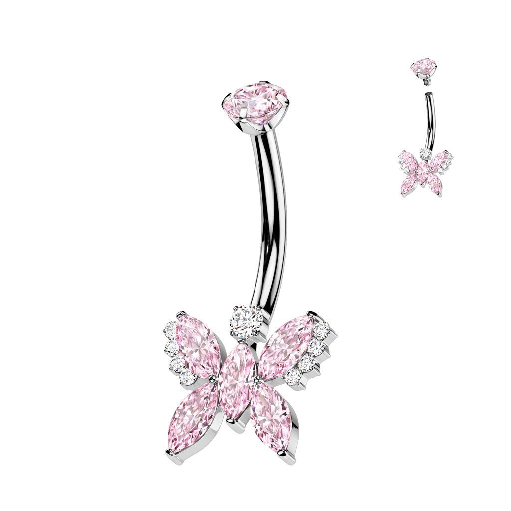 Implant Grade Titanium Internally Threaded 5 Marquise CZ Butterfly With Round CZ Prong Set Top Belly Button Ring