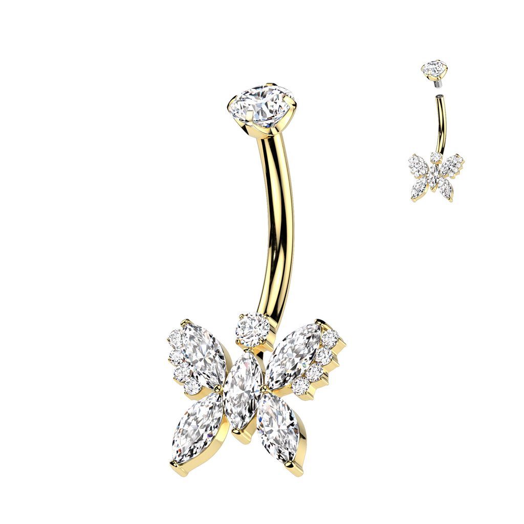 Implant Grade Titanium Internally Threaded 5 Marquise CZ Butterfly With Round CZ Prong Set Top Belly Button Ring