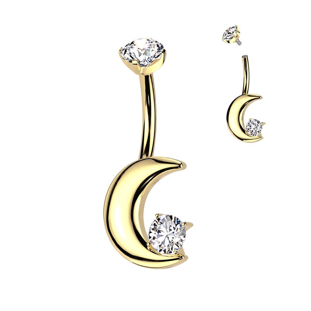 Implant Grade Titanium Internally Threaded Crescent Moon With CZ and Round CZ Prong Set Top Belly Button Ring