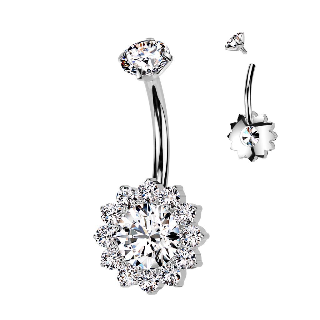 Implant Grade Titanium Internally Threaded Prong Set CZ Top With CZ Flower Belly Button Ring