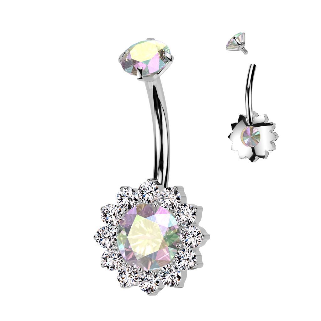 Implant Grade Titanium Internally Threaded Prong Set CZ Top With CZ Flower Belly Button Ring