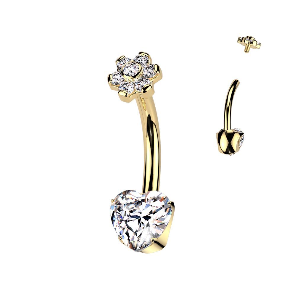 Implant Grade Titanium Internally Threaded Prong Set Heart CZ Bottom With CZ Flower Bezel Set Center Top and Prong Set Petals