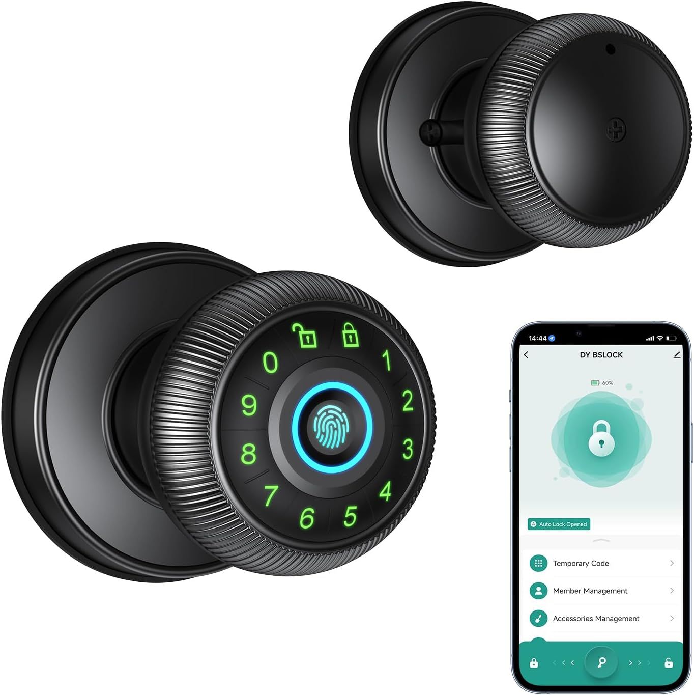 Smart Door Knob with Passcode Keypad, Finger Print Biometric Door Knobs &amp; App Control, Keyless Smart Door Lock