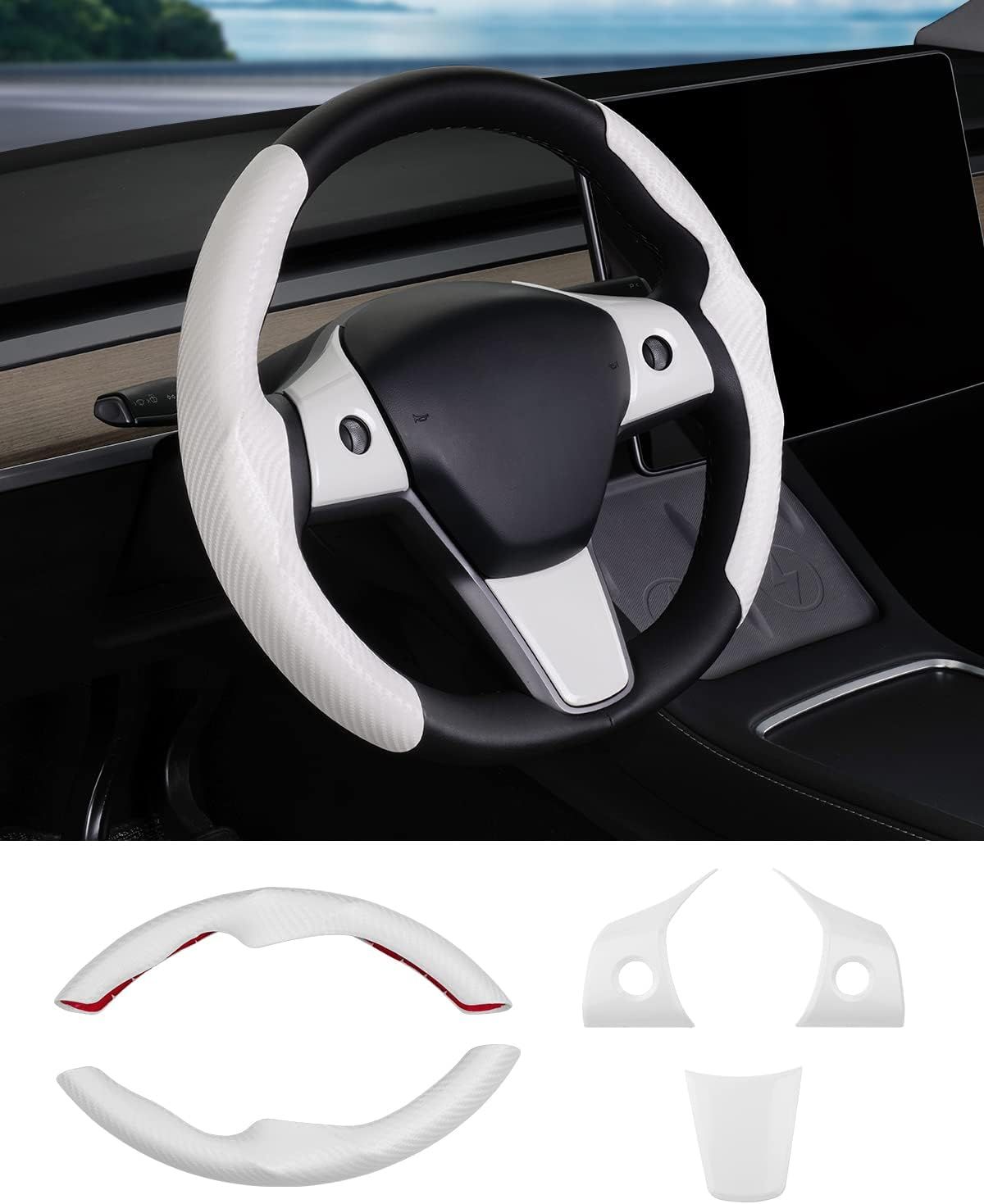 2016-2023 Tesla Model 3- Model Y ,Carbon Fiber Steering Wheel Cover Protector Anti-Slip, White 5PCS