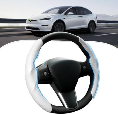 Steering Wheel Cover for Tesla Model 3/Model Y Carbon Fiber Steering Wheel Cover Protector Anti-Slip, Comfortable Grip, White.