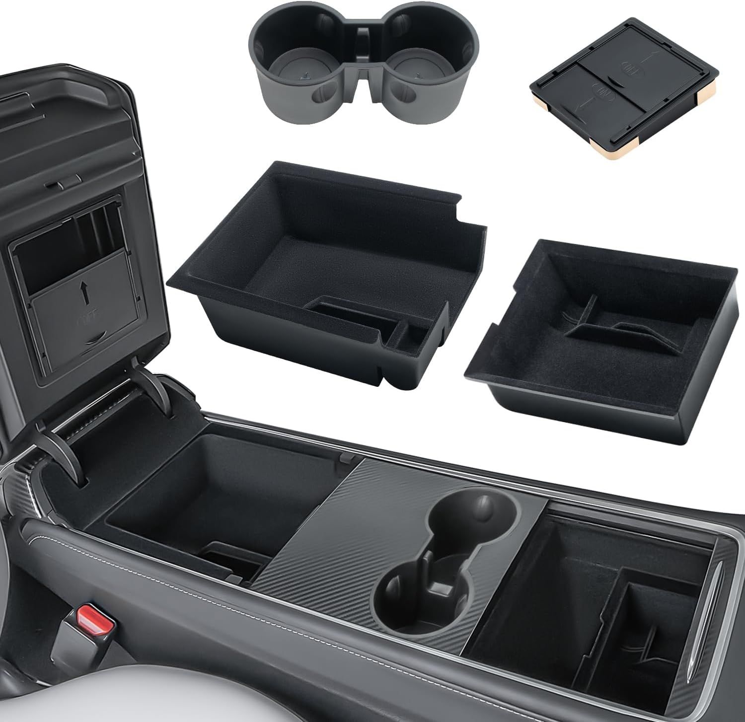 2021-2024 Tesla Model Y &amp; 2017-2023 Model 3 - 4Pcs Center Console Organizer, Set Include Front &amp; Rear Tray Hidden Armrest Box Cup Holder Insert
