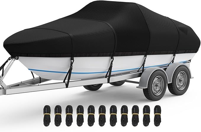 16 -18.5Ft Waterproof Trailerable Boat Cover with Storage Bag for V-Hull, Tri-Hull, Fish &amp; Ski Boat