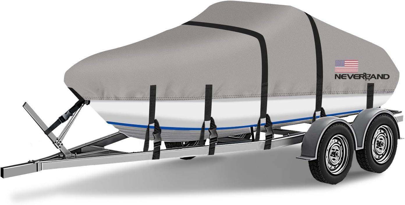 20-22 ft  Waterproof Boat Covers Fits: Bass, V-Hull and Tri-Hull, Fish &amp; Ski, Runabout Bowrider (Gray Color)