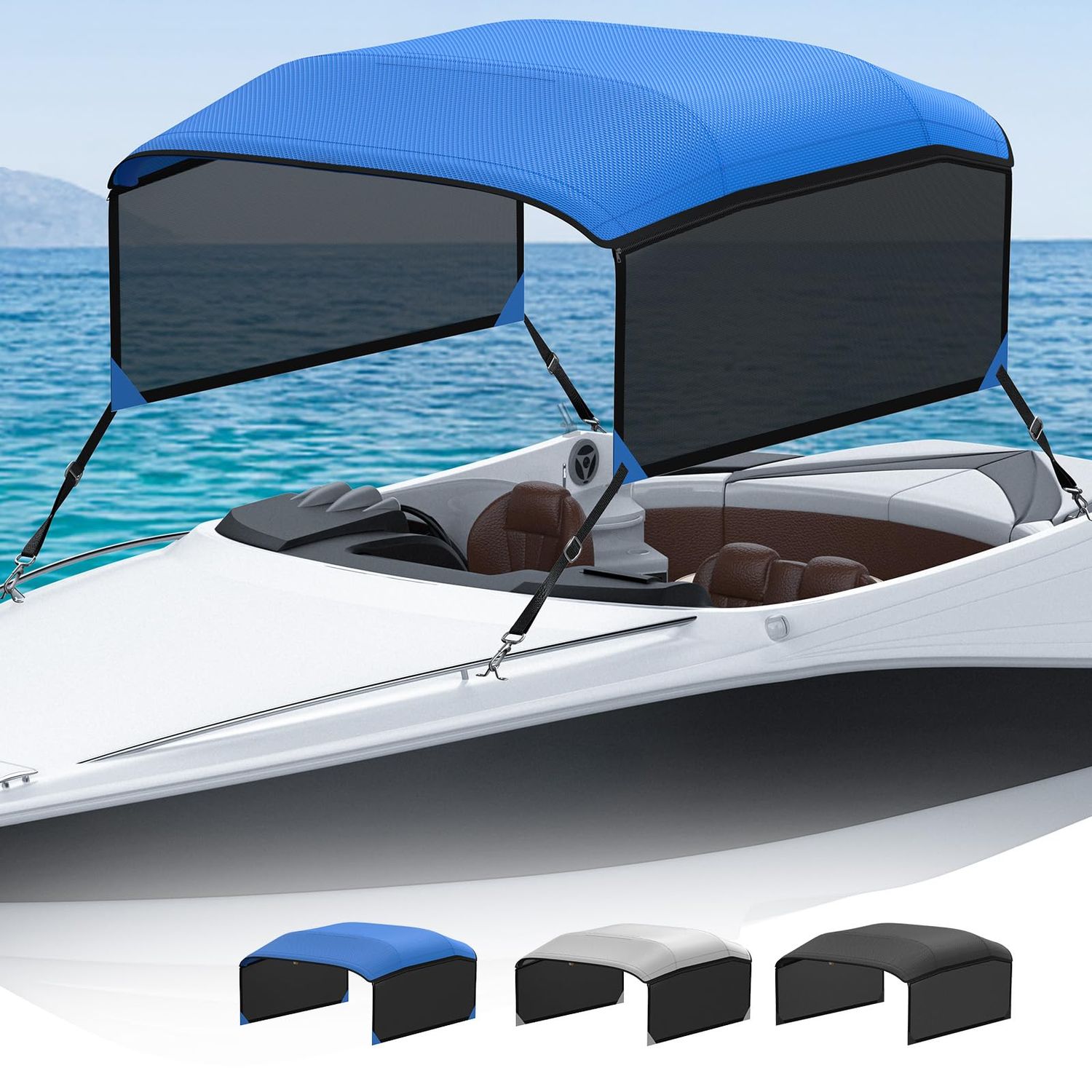 KAKIT 4 Bow Bimini Top Replacement Canvas Only, No Frame 900D Oxford Boat Top with 2 Detachable Mesh Sidewalls, 2 Straps &amp; Storage Boot