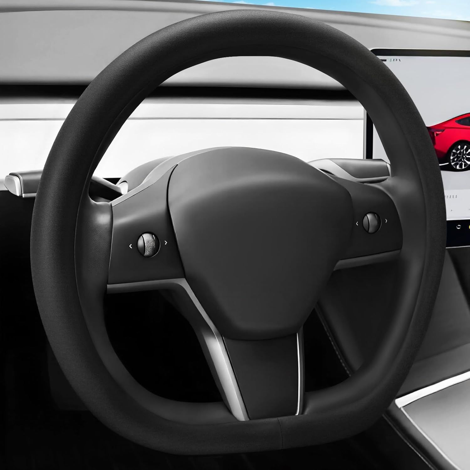Nappa Leather Steering Wheel Cover for 2026 Tesla Model Y Juniper  &amp; 2024-2025 Tesla Model 3 Highland  Matte Black