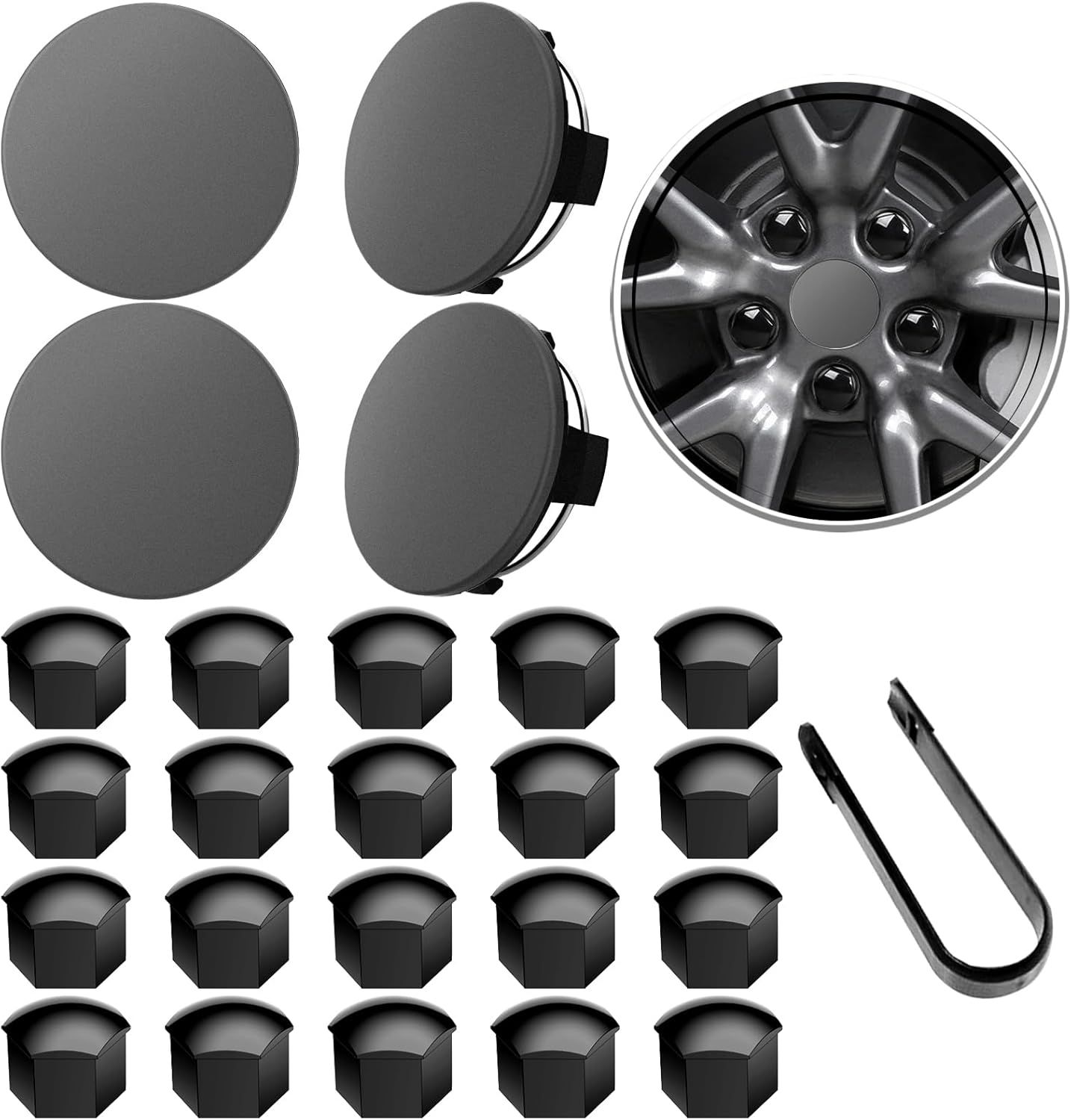 Tesla Model Y Model 3 19&quot; &amp; Model S 20&quot; Wheel Hub Caps Center Cover with 4 Hub Center Cap + 20 Lug Nut Cover + 1 Pack Wrench No Logo (Dark Grey)