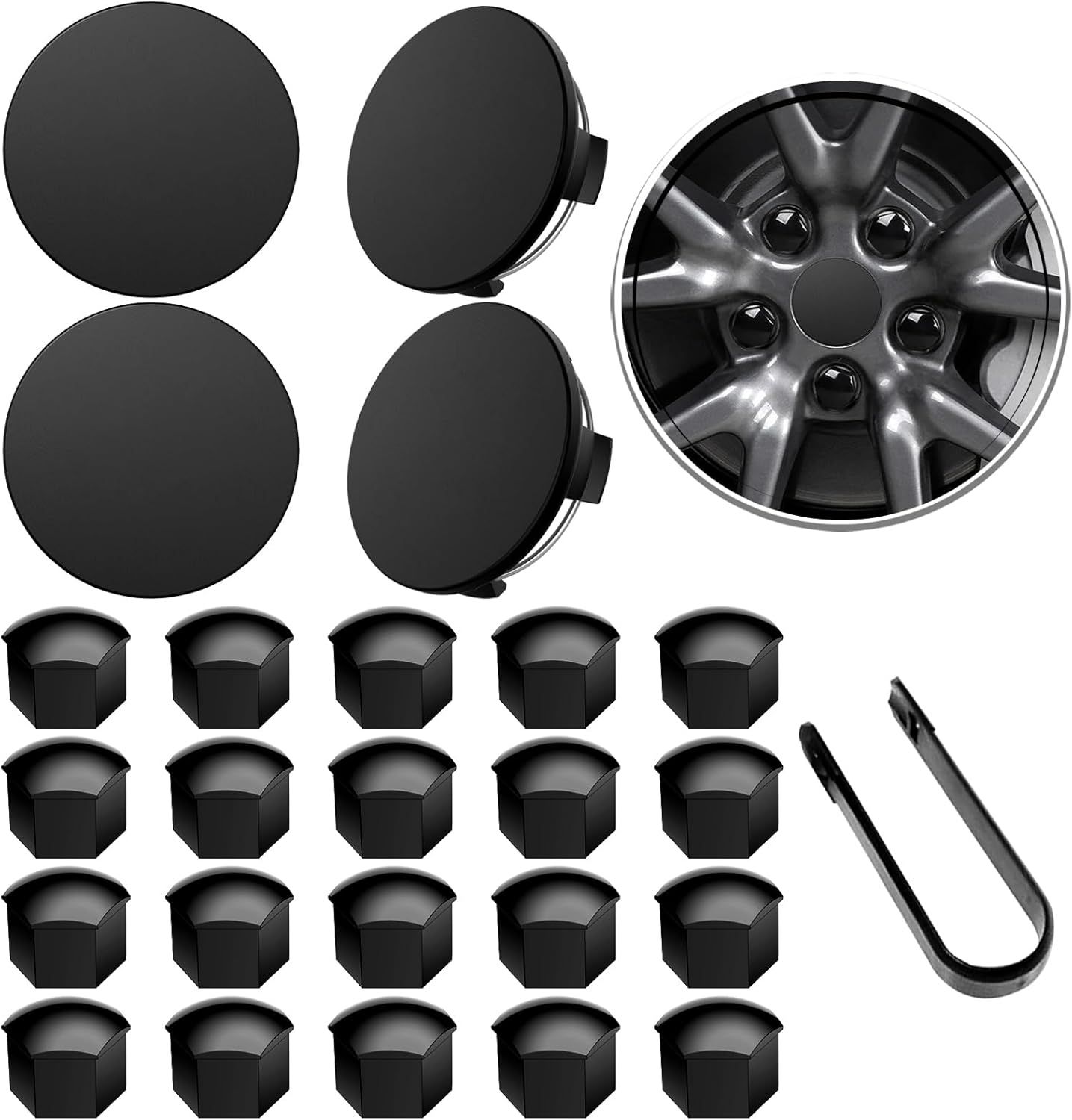 Tesla Model Y Model 3 19&quot; &amp; Model S 20&quot; Wheel Hub Caps Center Cover with 4 Hub Center Cap + 20 Lug Nut Cover + 1 Pack Wrench No Logo (Matte Black)